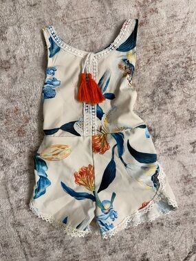 Girls Cream Floral Lace-Trim Romper with Orange Tassel
